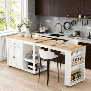 확장 가능한 테이블이 있는 77.8인치 주방 아일랜드, 수납 캐비닛이 롤링 키친 서랍, 스파이스 랙, 수건 식당용 이동식 화이트