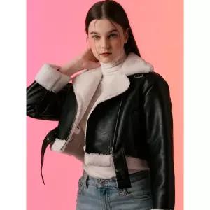 Koleat [셀럽 착용][벨트탈부착] WOMEN 크랙 크롭 덤블 무스탕 양털 플리스 자켓 Black_White [라이더 ver.