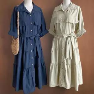 [신상오픈런]여성 나일론 허리 스트랩 투포켓 핀턱 롱 반팔 드레스 (36188741)