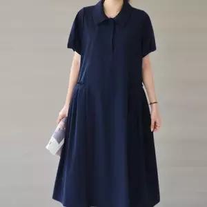 [신상오픈런]여성 나일론 대형 버튼 카라 반팔 플리츠 롱 드레스 (36847894)