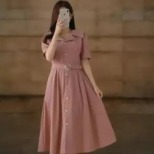 [신상오픈런]여성 클래식 카라넥 반팔 벨트 플레어 롱드레스 (34574415)