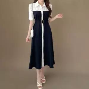 [신상오픈런]여성 하객 패션 배색 벨트 셔츠형 반팔 롱 드레스 (41032804)