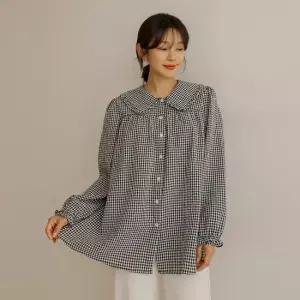 [엘리시아] 러진 체크 프릴 카라 블라우스