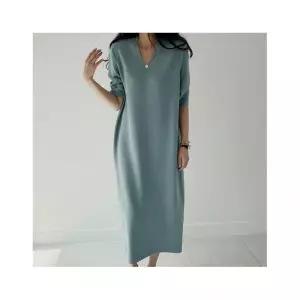 어반프랑 커린 양두 5부 브이넥 비스코스 루즈핏 반팔 롱 니트 원피스