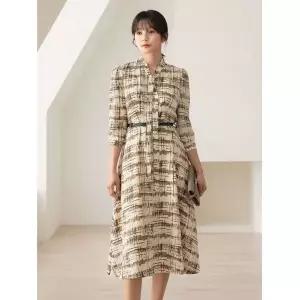 시크라인 ~XXL까지 타이넥 패턴 플레어 벨트 원피스 봄 가을 오피스룩 하객룩 데이트룩 모임룩 미시룩 빅사