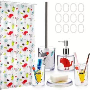 카툰 몬스터 6 - 화장실 브러시 구강 청결제 컵 칫솔 홀더 비누 접시 후크가 달린 샤워 커튼 사각형 및