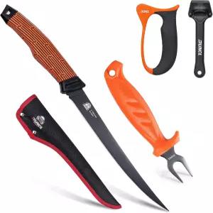 RUNCL 낚시 필레 나이프 콤보 세트 9인치 포크 샤프너 및 피시 스케일러 리무버가 포함된 도구 키트 4피스