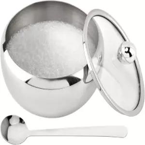 뚜껑과 숟가락이 있는 크라멜리스 스테인리스 스틸 설탕 그릇 - 14온스 식기세척기 사용 가능 커피 바 및