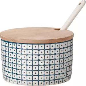 대나무 뚜껑/스푼 칼라가 있는 블루밍빌 세라믹 설탕 그릇 - 살즈 잼 머스타드 디아 4인치 파란색 스톤웨어