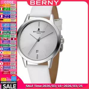 호환  BERNY 여성용 캐주얼 방수 시계 일본 쿼츠 무브먼트 캘린더 윈도우 가죽 스트랩 여성용 손목시계