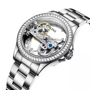 호환  OLEVS 다이아몬드 스켈레톤 디자인 투르비옹 여성용 시계 자동 식 시계 팔찌 남성용