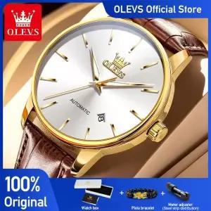 호환  OLEVS 6725 남성용 시계 비즈니스 자동 식 손목 시계 방수 가죽 스트랩 남성용 상자 Reloj New