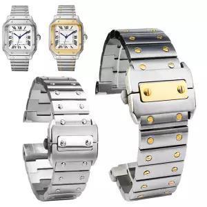 호환   산토스 100 솔리드 리벳 시계 스트랩 23mm WSSA0009 스테인레스 스틸 시계 밴드 버터 플라이 버클