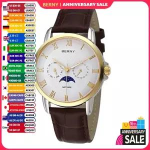 호환  버니 남성용 문페이즈 쿼츠 시계 달력 날짜 주간 비즈니스 원피스 손목시계 사파이어 방수 스테인리