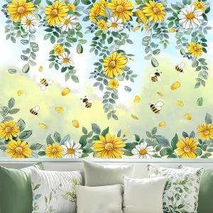 JOICEE 8매 봄 여름 창문 걸이 데이지 꽃벌 스티커 부착 홈 스쿨 오피스 장식용 덩굴 옐로우 화이트 플라워