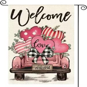 AVOIN 컬러라이프 발렌타인 데이 가든 플래그 12x18 인치 양면 외부 러브 하트 트럭 소박한 마당 야외 핑크