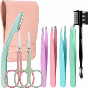여성용 페이셜 헤어용 트위저 8 인 1 핀셋 눈썹 가위 브러시가 포함된 프레시슨 키트로 스플린터 및