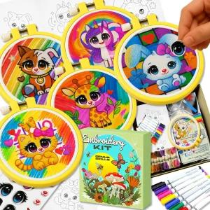 천재 기술 자수 키트 - 카와이 큐티 DIY 스티치 세트 사전 인쇄된 귀여운 캔버스 5개 치실 색상 15개 6인치