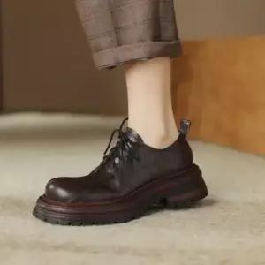 엘럽 여자 빈티지 옥스퍼드화 라운드 슈즈 진가죽 통굽 스트랩 단화 원템5