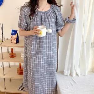 [옷장]집콕룩] 헤어밴드 포함 체크 면 잠옷 원피스/거즈/면/데일리/홈웨어/