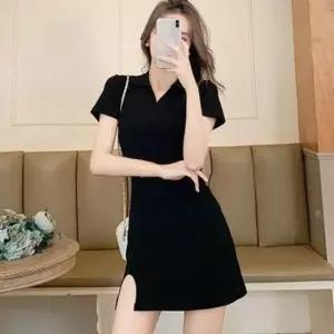 [의류] 트임 블랙 브이넥 데일리 카라 미니 원피스 밑단 여자