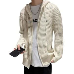 헤이샤인 남성용 메시 후드 가디건 아웃웨어 재킷 가을 경량 크로셰 집업 스웨터 니트 오버사이즈