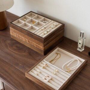 벨벳 디스플레이 악세서리 보관 트레이 귀걸이 상자 주얼리 악세사리 호두나무 보관함 거치대