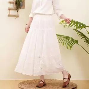 스커트 롱 여친 면 여름 하객 펀칭 자수 밴딩 허리 셔링 슬림핏 ST1