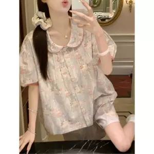 엘럽하계 베이지 실내복 패드 잠옷세트 커플 밴드 반팔 실면 프린트 캣 잠옷 반바지 원템1