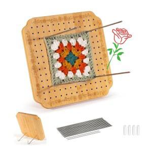 로즈 패턴이 있는 크로셰 프로젝트용 차단 보드 페그가 스테인리스 스틸 페그 20개가 그래니 스퀘어 대나무의 크래피 매너 7 6인치