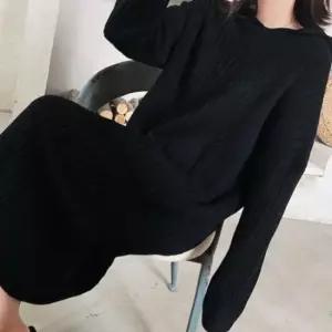 [옷은날개] 후드 롱 니트 원피스 골지 여성 긴팔 라운드 블랙