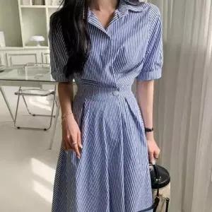 [옷은날개] 데일리 스트라이프 뒷밴딩 셔츠 원피스