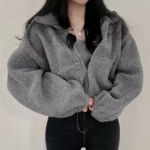 여성 루즈핏 숏 양털 자켓 뽀글이 점퍼 겨울 캐주얼룩 yEa8+8lHx