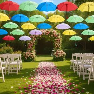 야외 결혼식 생일 파티 장식용 35.5인치 마카롱 컬러 스틱 우산을 걸 수 있는 에클리 장식 거리 우산 사진