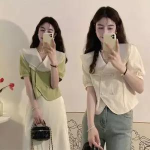 [의류] 사랑스런 쉬폰이중 빅카라 자켓형 반크롭 블라우스