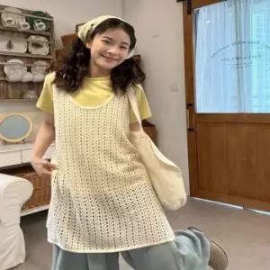 [의류] 여자 양옆트임 그물 펀칭 롱조끼 레이어드 니트조끼