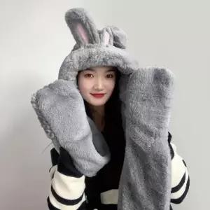 큐트레빗 일체형 후드 머플러 장갑목도리 그레이