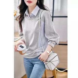 여사친 가을 투피스 맨투맨 티 셔츠 배색 가짜 ST3