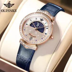 호환  OUPINKE 3216 여성용 스위스 쿼츠 시계 로즈 골드 풀 다이아몬드 럭셔리 문 페이즈 여성용 손목 시계