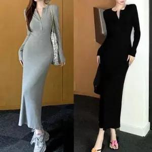 [옷은날개] 골지니트 헨리넥 트임 스판 롱원피스