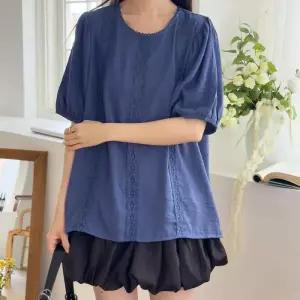 [신상오픈런]여성 레이스 퍼프 소매 대형 라운드 반팔 블라우스 (39101563)