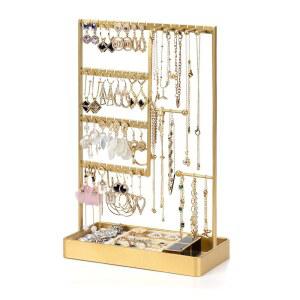 피치-그레지 주얼리 정리함, 금속 트레이가 있는 4단 귀걸이 홀더 목걸이용 스탠드 스터드 팔찌 및 반지, 정리함(골드)