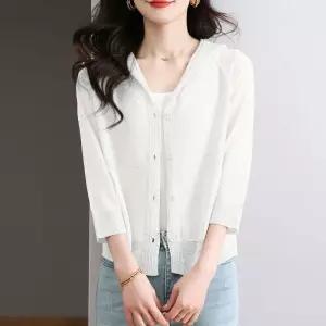 엘럽 여성 니트 하계 캐주얼 후드 가디건 쿨링 카디건 얇은 겉감 상의 7부 원템1