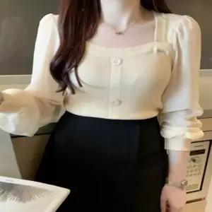 [의류] 봄 여자스퀘어넥 소매쉬폰 니트 블라우스 티셔츠