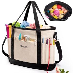 마이배깅 캔버스 원사 보관 정리 가방 갈고리 바늘 주머니가 있는 크로셰 백 공예가용 여행용 니트 토트 및 니트(중/대형) 선물