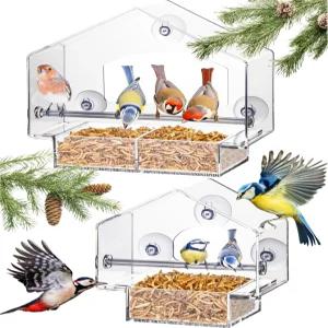 해터템프트 창문 새 모이통 - 2개 세트 투명 플라스틱 강력한 흡입 컵이 있는 다람쥐 방지 디자인 야외 및