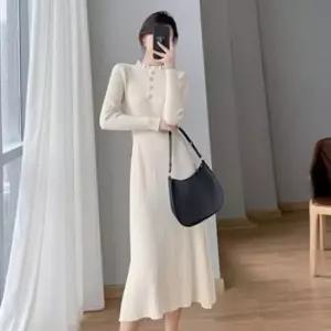 [옷은날개] 니트 아이보리 A라인 롱 사선골지 르릴넥 원피스 단아