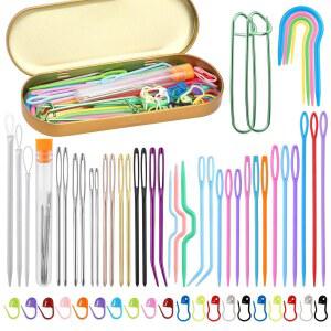 UzecPk 59PCS 실 바늘 세트 다닝 키트 구부러진 태 트리 뜨개질 바늘이 포함된 빅 블런트 플라스틱 바느질 실밥 마커 코바늘 바느질용