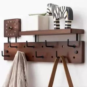 [생활] 대나무 미니시계 후크 옷걸이 벽선반 8구 브라운
