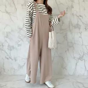 /신상오픈런 여성 폴리스판 루즈핏 와이드 민소매 점프수트